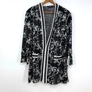 MING WANG Heritage Fit Jacquard Knit Cardigan Jacket Size XL Black White Floral
